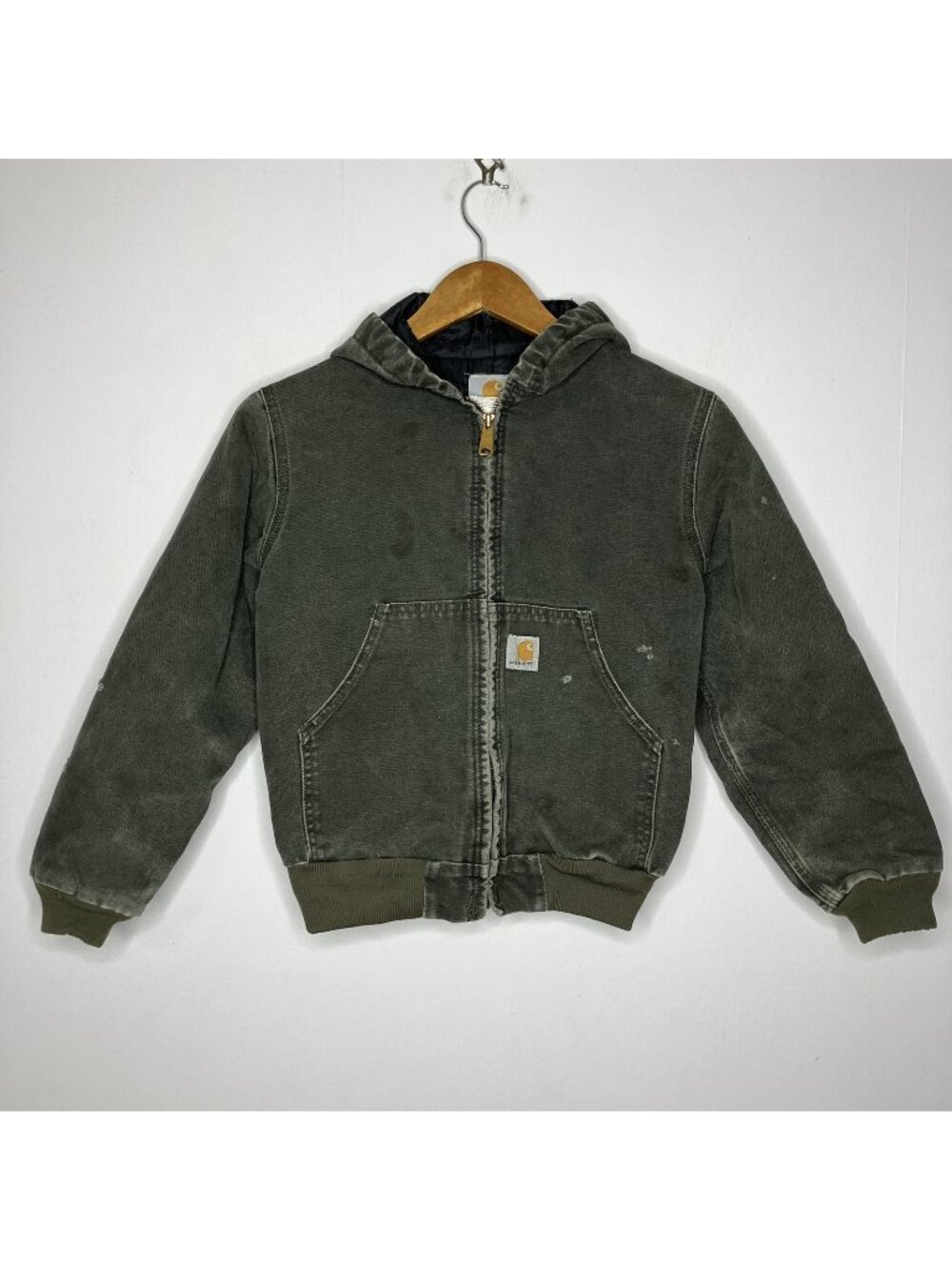 Vintage Carhartt Kids Medium 10-12 Jacket Green Canvas Hooded Quilt Lined Y06MOS